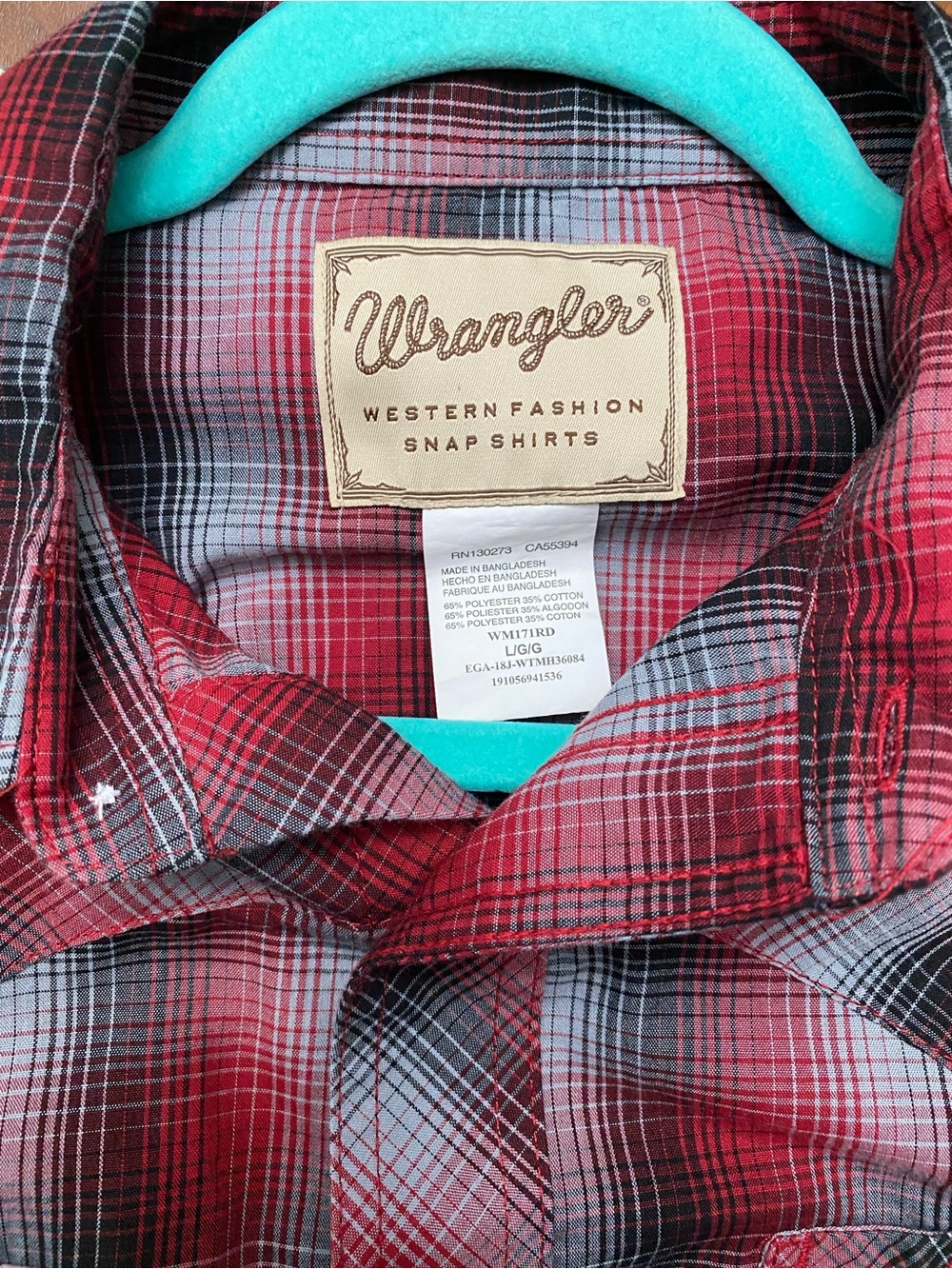 Men’s Wrangler Western Pearl Snap Red and Black - L - Picture 3 of 3